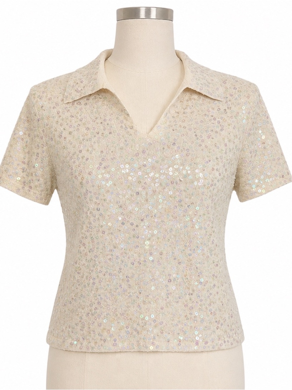 Magaschoni Sequin Silk Blend Polo Top Short Sleeve Sweater NWT Size L
